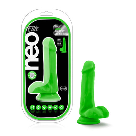 Neo Elite 6 in. Silicone Dual Density Dildo with Balls Neon Green-0