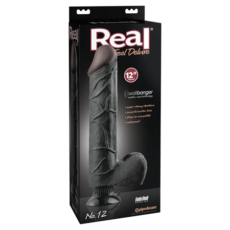 Real Feel Deluxe No. 12 Realistic 12 in. Vibrating Dildo With Balls and Suction Cup Black-0