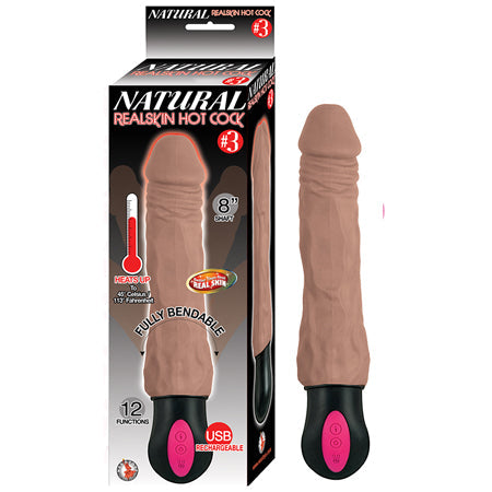 Natural Realskin Hot Cock #3 Fully Bendable 12 Function USB Cord Included Waterproof Brown-0