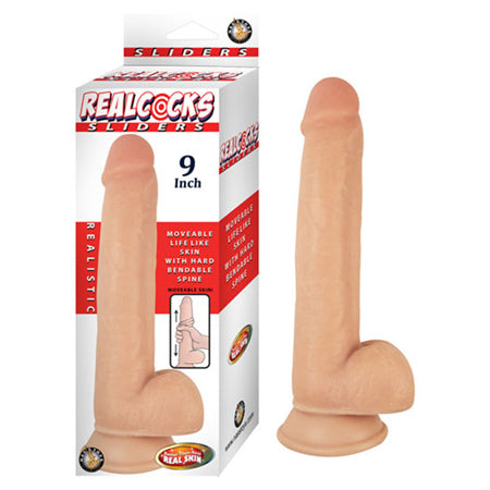 Realcocks Sliders 9in Moveable Skin Bendable Harness Compatible Suction Cup Base Flesh-0