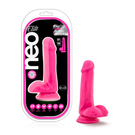 Neo Elite 6 in. Silicone Dual Density Dildo with Balls Neon Pink-0