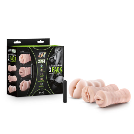 M for Men Soft + Wet Self-Lubricating 3-Pack Vibrating Stroker Sleeve Kit Beige-0