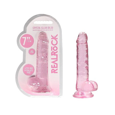 RealRock Crystal Clear Realistic 7 in. Dildo With Balls and Suction Cup Pink-0