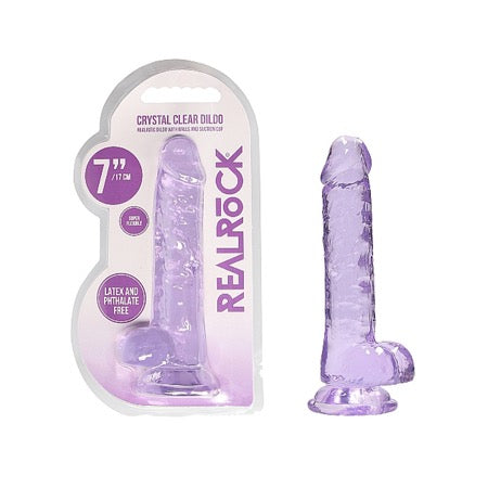 RealRock Crystal Clear Realistic 7 in. Dildo With Balls and Suction Cup Purple-0