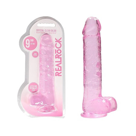 RealRock Crystal Clear Realistic 9 in. Dildo With Balls and Suction Cup Pink-0
