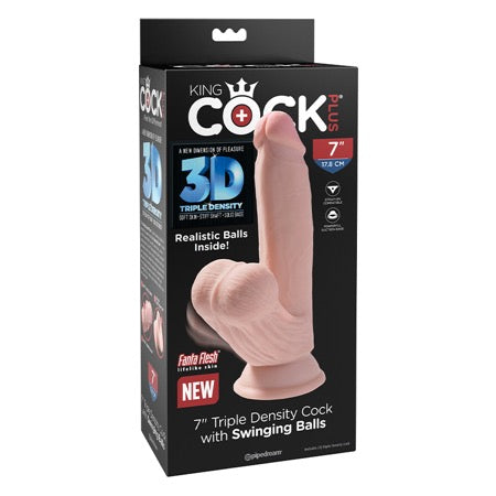 King Cock Plus 7 in. Triple-Density Cock With Swinging Balls Dildo Beige-0