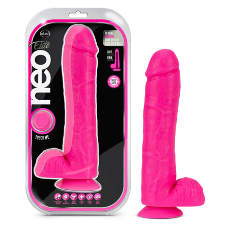 Neo Elite 11 in. Silicone Dual Density Dildo with Balls Neon Pink-0
