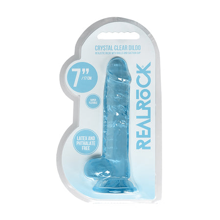 RealRock Crystal Clear Realistic 7 in. Dildo With Balls and Suction Cup Blue-0