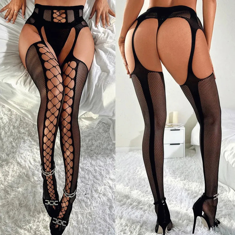 Crotchless Stockings Belt Set Fishnet Tights-8