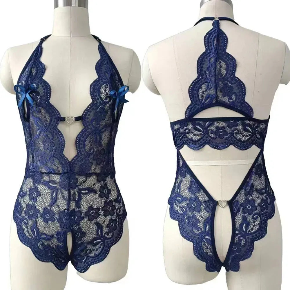 Lace Crotchless Bodysuit Deep V Neck-7