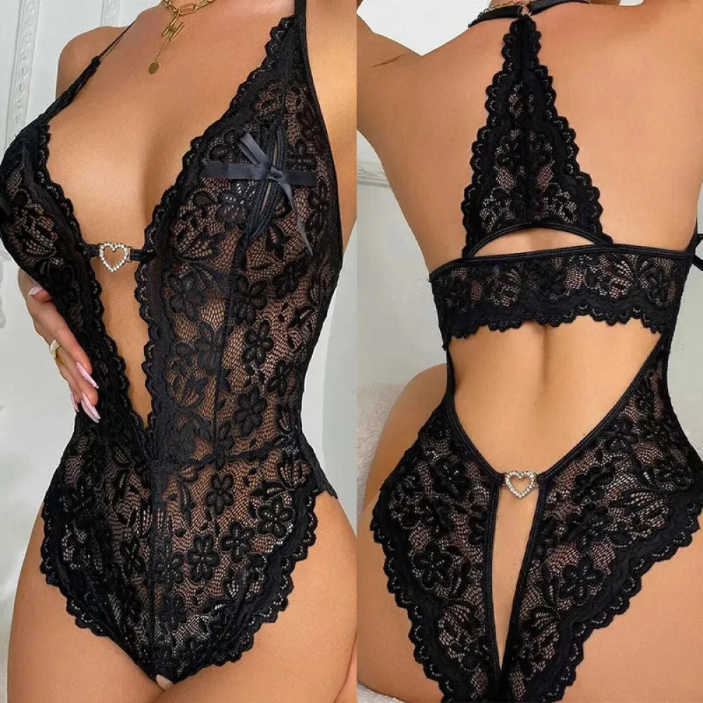 Plus Size Crotchless Lingerie Set Deep V Babydoll-5
