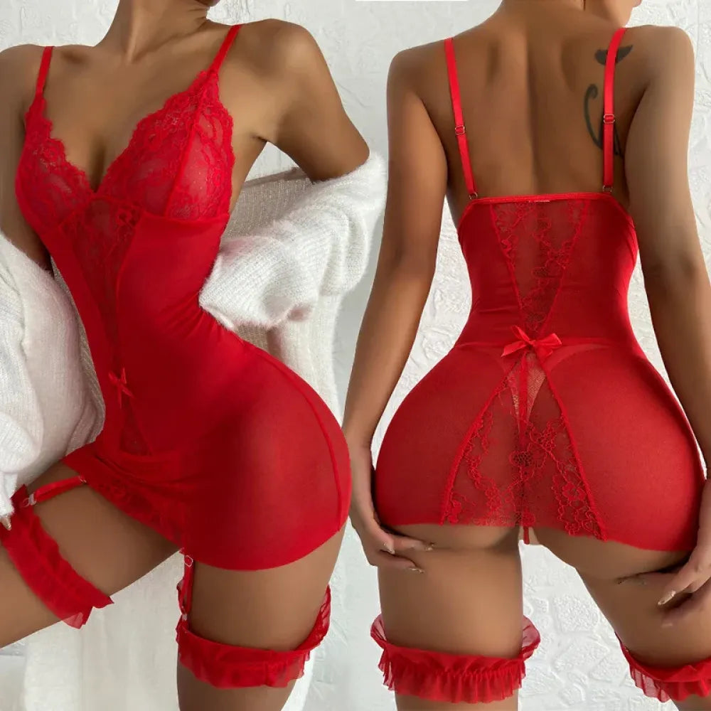 Plus Size Crotchless Lingerie Set Garters-0