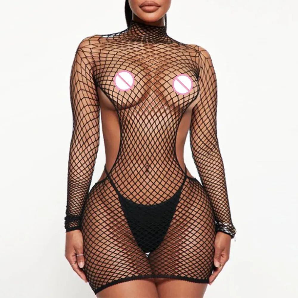 Turtleneck Bodysuit Fishnet Detail-7