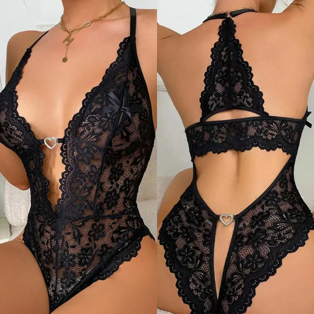 Wine Red Crotchless Lingerie Set for Women-5