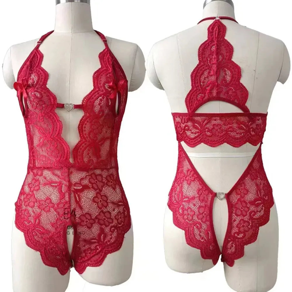Wine Red Crotchless Lingerie Set for Women-0